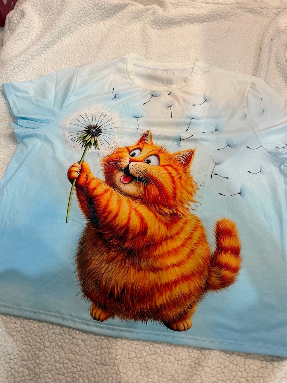 Light Blue Cat Graphic Short Sleeve Blouse